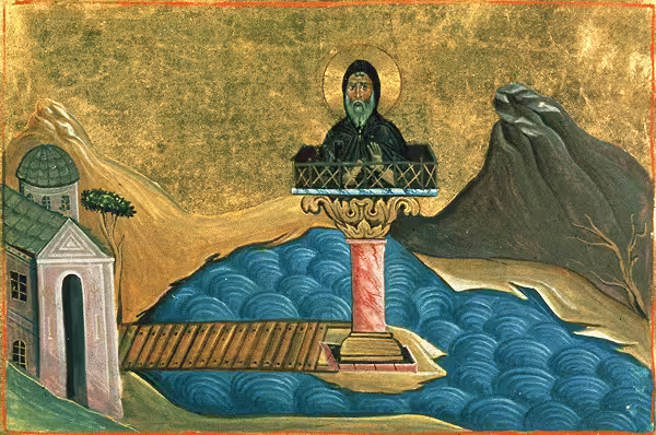 History of meditation - Byzantine miniature showing Luke the Stylites on top of his column